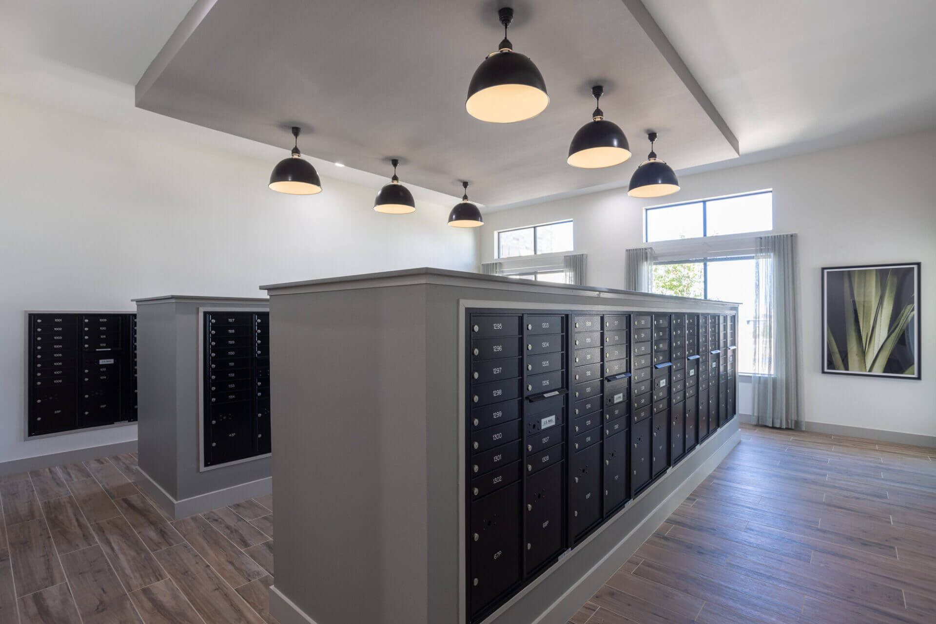 image of interior mail room with bright lights at prose thunder rock in marble falls, tx