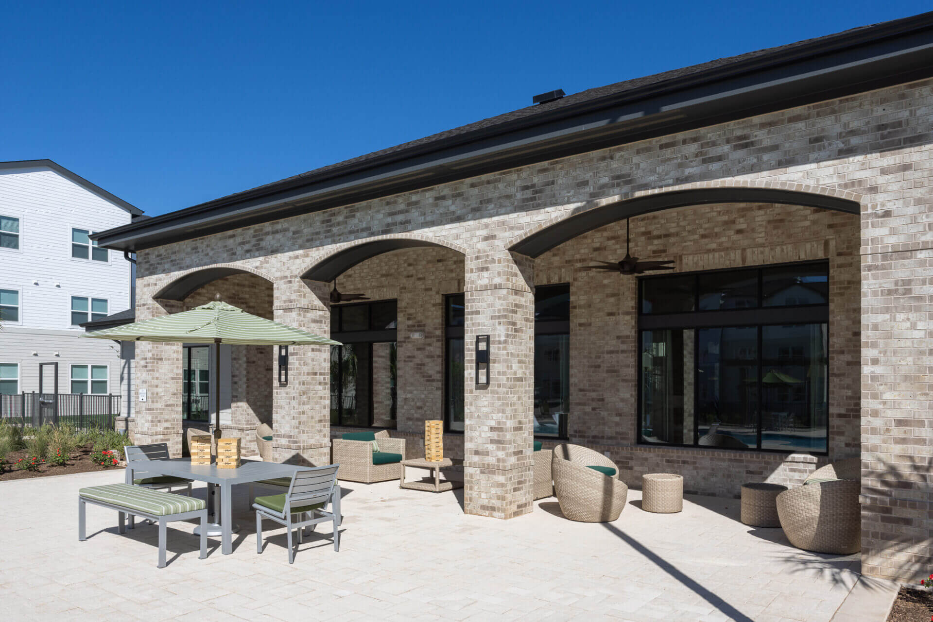 The inviting patio at Prose Thunder Rock, featuring stylish furniture and a tranquil atmosphere in marble falls Texas.